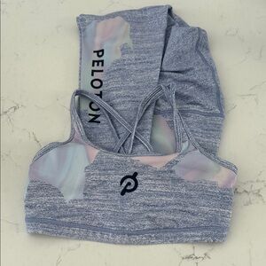SET—-Peloton Heather Gray Sports Bra with Pastel Pink and Blue with crop pants